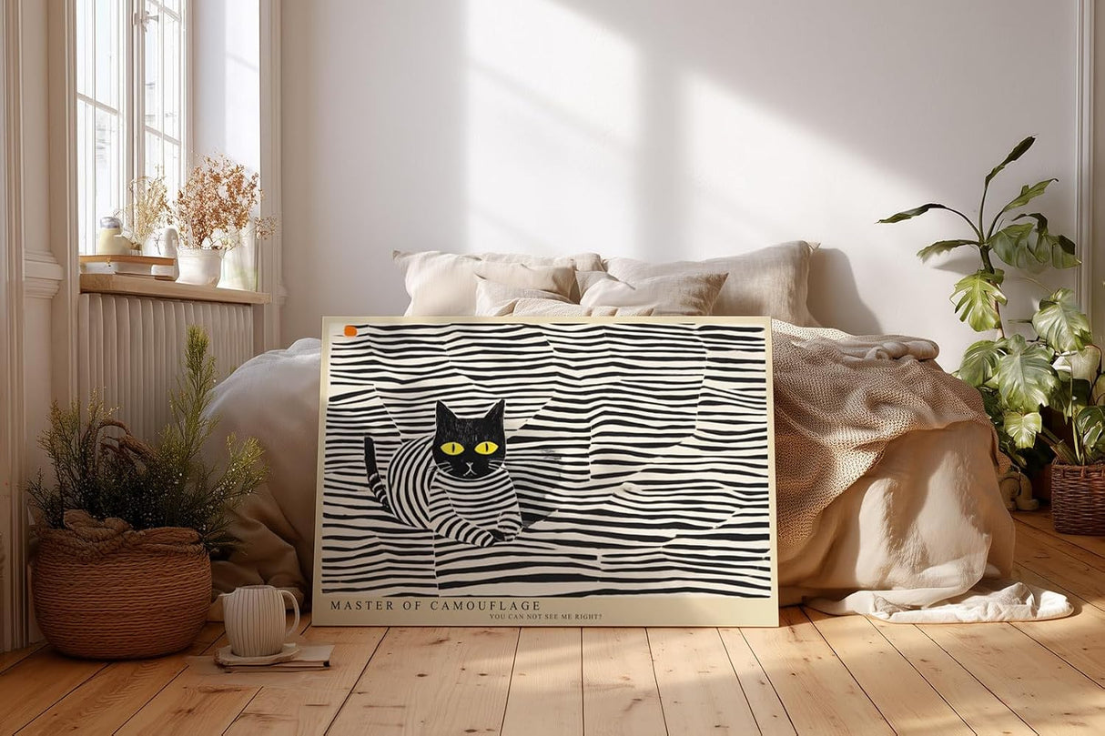 Paul Sinus Wandbild 120x80cm Katze Muster Illustration moderne Tierkunst schwarz weiss grafisches Design Kunstdruck stilvolle Wanddekoration fuer Wohnzimmer Kinderzimmer
