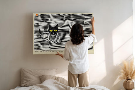 Paul Sinus Wandbild 120x80cm Katze Muster Illustration moderne Tierkunst schwarz weiss grafisches Design Kunstdruck stilvolle Wanddekoration fuer Wohnzimmer Kinderzimmer