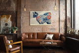 Paul Sinus Wandbild 120x80cm Katze Ornament Muster modern blau rot japanische Kunst Kunstdruck grosses Kunstbild stilvolle Wanddekoration fuer Wohnzimmer Büro