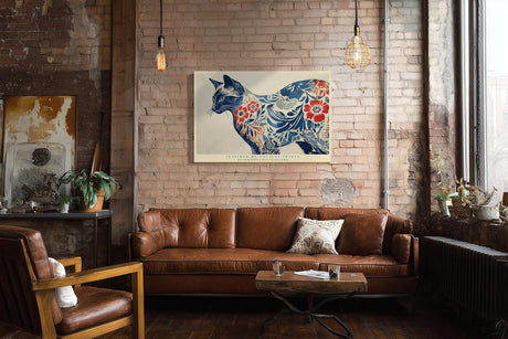 Paul Sinus Wandbild 120x80cm Katze Ornament Muster modern blau rot japanische Kunst Kunstdruck grosses Kunstbild stilvolle Wanddekoration fuer Wohnzimmer Büro
