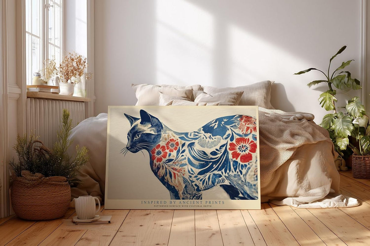 Paul Sinus Wandbild 120x80cm Katze Ornament Muster modern blau rot japanische Kunst Kunstdruck grosses Kunstbild stilvolle Wanddekoration fuer Wohnzimmer Büro