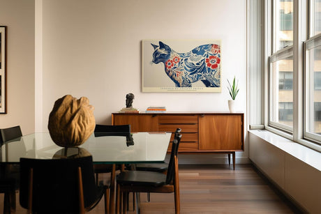 Paul Sinus Wandbild 120x80cm Katze Ornament Muster modern blau rot japanische Kunst Kunstdruck grosses Kunstbild stilvolle Wanddekoration fuer Wohnzimmer Büro
