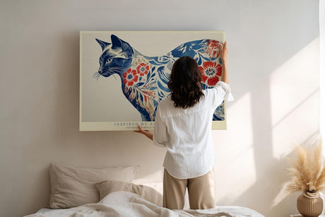 Paul Sinus Wandbild 120x80cm Katze Ornament Muster modern blau rot japanische Kunst Kunstdruck grosses Kunstbild stilvolle Wanddekoration fuer Wohnzimmer Büro