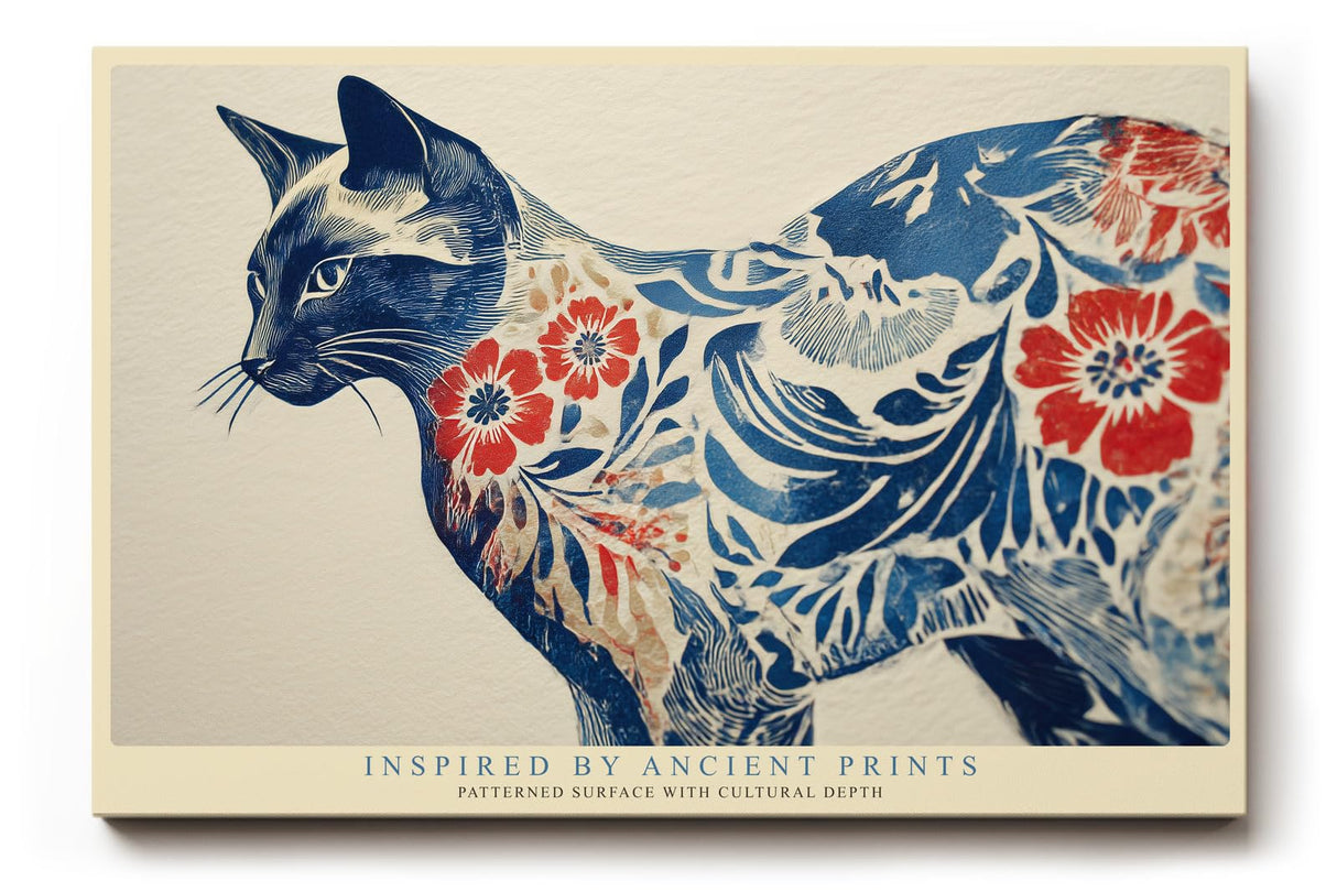 Paul Sinus Wandbild 120x80cm Katze Ornament Muster modern blau rot japanische Kunst Kunstdruck grosses Kunstbild stilvolle Wanddekoration fuer Wohnzimmer Büro