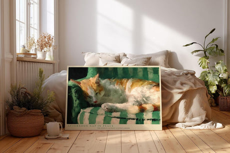 Paul Sinus Wandbild 120x80cm Katze schlafend Illustration modern gruene Couch Kunstdruck grosses Tier Kunstbild warme Wanddekoration fuer Wohnzimmer Büro