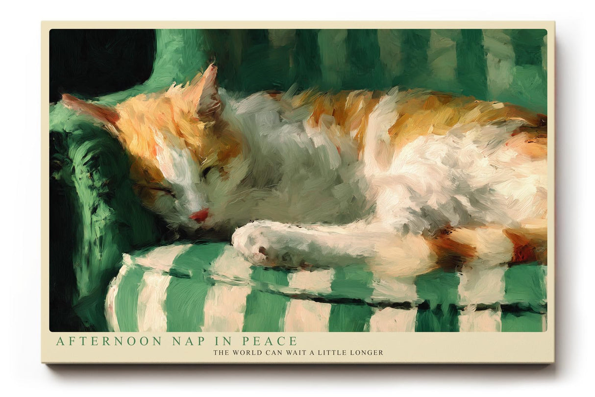 Paul Sinus Wandbild 120x80cm Katze schlafend Illustration modern gruene Couch Kunstdruck grosses Tier Kunstbild warme Wanddekoration fuer Wohnzimmer Büro