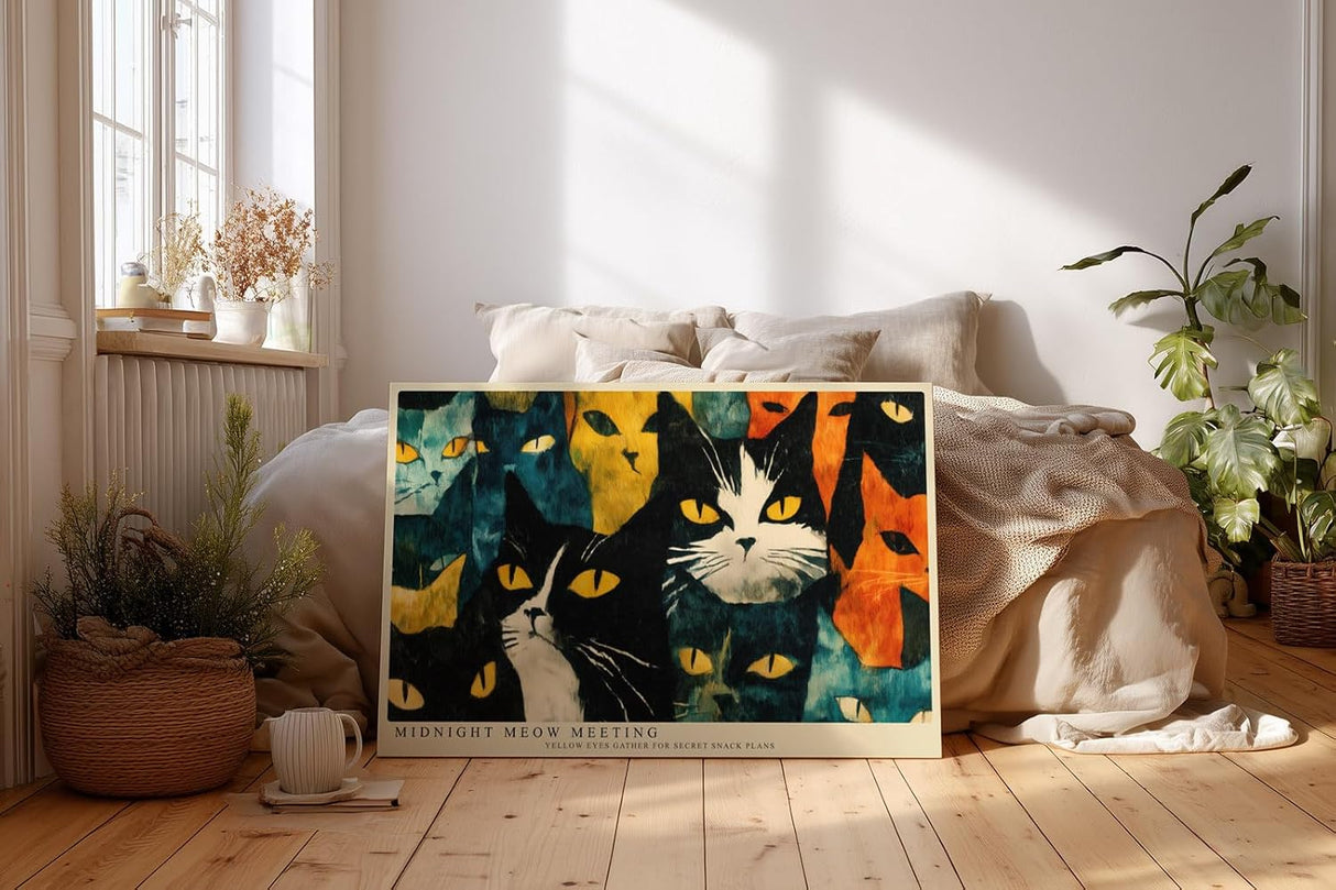 Paul Sinus Wandbild 120x80cm Katzen Illustration Moderne Tierkunst mit Gelben Augen in Gruen Orange und Schwarz Dekoratives Katzenmotiv fuer Wohnzimmer und Flur