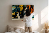 Paul Sinus Wandbild 120x80cm Katzen Illustration Moderne Tierkunst mit Gelben Augen in Gruen Orange und Schwarz Dekoratives Katzenmotiv fuer Wohnzimmer und Flur