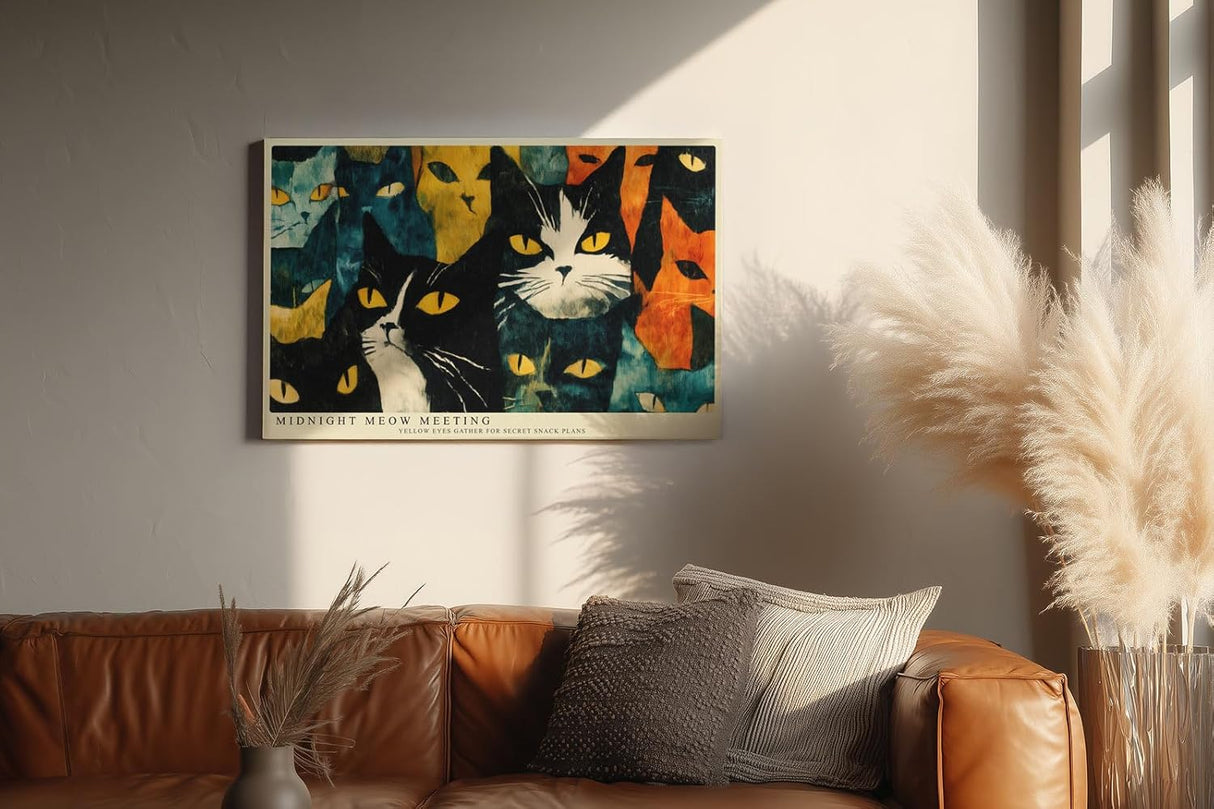 Paul Sinus Wandbild 120x80cm Katzen Illustration Moderne Tierkunst mit Gelben Augen in Gruen Orange und Schwarz Dekoratives Katzenmotiv fuer Wohnzimmer und Flur