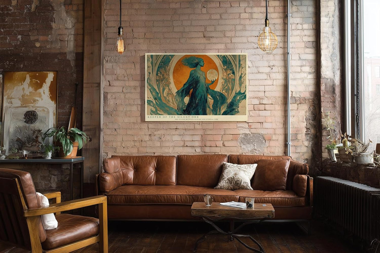 Paul Sinus Wandbild 120x80cm Keeper of the Silent Orb mystische Frauenfigur mit goldener Sonne Jugendstil Kunst Poster für Wohnzimmer Schlafzimmer