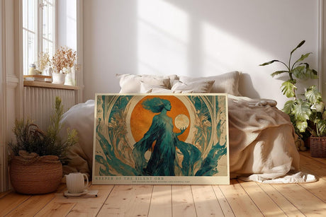 Paul Sinus Wandbild 120x80cm Keeper of the Silent Orb mystische Frauenfigur mit goldener Sonne Jugendstil Kunst Poster für Wohnzimmer Schlafzimmer