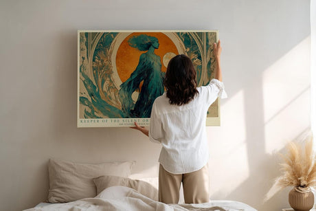 Paul Sinus Wandbild 120x80cm Keeper of the Silent Orb mystische Frauenfigur mit goldener Sonne Jugendstil Kunst Poster für Wohnzimmer Schlafzimmer