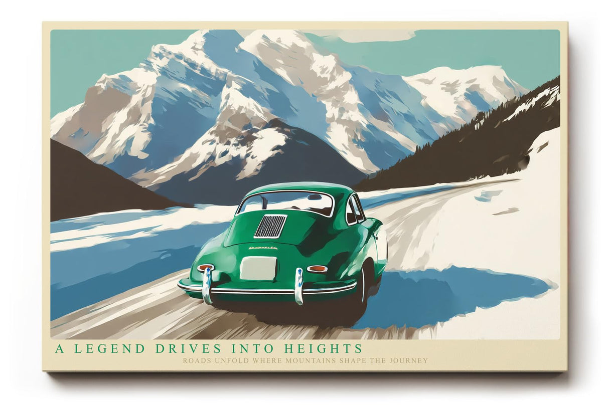 Paul Sinus Wandbild 120x80cm Klassischer gruener Sportwagen in alpiner Berglandschaft stilvolle Automobil Kunst fuer moderne Wohnräume