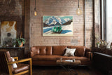 Paul Sinus Wandbild 120x80cm Klassischer gruener Sportwagen in alpiner Berglandschaft stilvolle Automobil Kunst fuer moderne Wohnräume