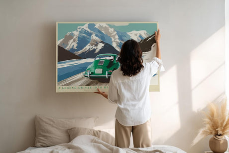 Paul Sinus Wandbild 120x80cm Klassischer gruener Sportwagen in alpiner Berglandschaft stilvolle Automobil Kunst fuer moderne Wohnräume
