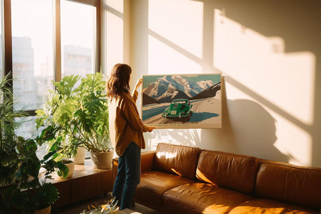 Paul Sinus Wandbild 120x80cm Klassischer gruener Sportwagen in alpiner Berglandschaft stilvolle Automobil Kunst fuer moderne Wohnräume