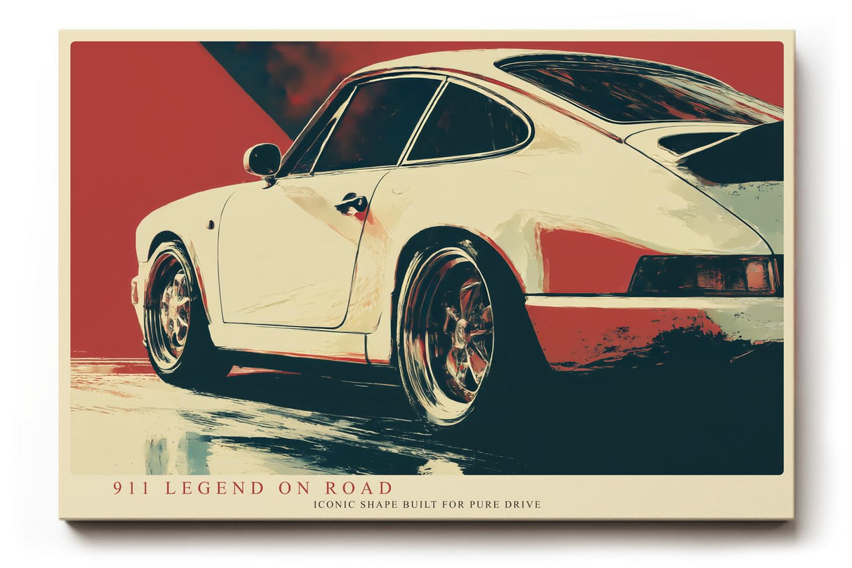 Paul Sinus Wandbild 120x80cm klassischer Sportwagen 911 Retro Auto Kunst moderne Illustration roter Hintergrund Kunstdruck stilvolle Wanddekoration fuer Wohnzimmer Büro Garage