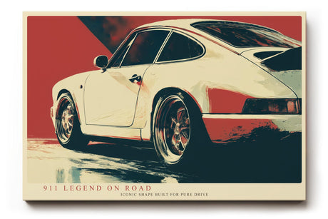 Paul Sinus Wandbild 120x80cm klassischer Sportwagen 911 Retro Auto Kunst moderne Illustration roter Hintergrund Kunstdruck stilvolle Wanddekoration fuer Wohnzimmer Büro Garage