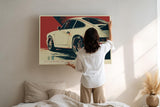 Paul Sinus Wandbild 120x80cm klassischer Sportwagen 911 Retro Auto Kunst moderne Illustration roter Hintergrund Kunstdruck stilvolle Wanddekoration fuer Wohnzimmer Büro Garage