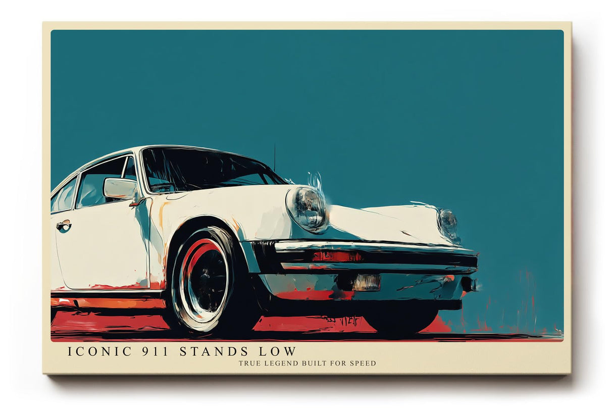 Paul Sinus Wandbild 120x80cm klassischer Sportwagen 911 Retro Illustration stilvolle Auto Kunst in creme rot blau modernes Poster Bild fuer Wohnzimmer Büro Garage Wanddekoration