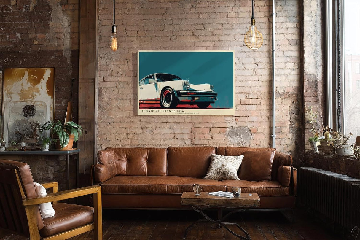 Paul Sinus Wandbild 120x80cm klassischer Sportwagen 911 Retro Illustration stilvolle Auto Kunst in creme rot blau modernes Poster Bild fuer Wohnzimmer Büro Garage Wanddekoration