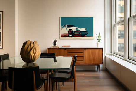 Paul Sinus Wandbild 120x80cm klassischer Sportwagen 911 Retro Illustration stilvolle Auto Kunst in creme rot blau modernes Poster Bild fuer Wohnzimmer Büro Garage Wanddekoration