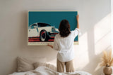 Paul Sinus Wandbild 120x80cm klassischer Sportwagen 911 Retro Illustration stilvolle Auto Kunst in creme rot blau modernes Poster Bild fuer Wohnzimmer Büro Garage Wanddekoration