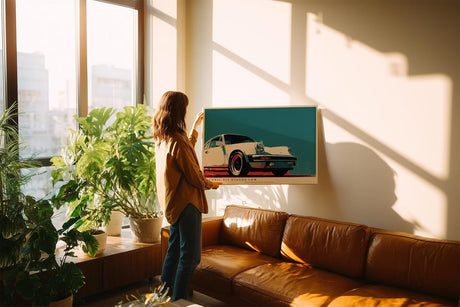 Paul Sinus Wandbild 120x80cm klassischer Sportwagen 911 Retro Illustration stilvolle Auto Kunst in creme rot blau modernes Poster Bild fuer Wohnzimmer Büro Garage Wanddekoration