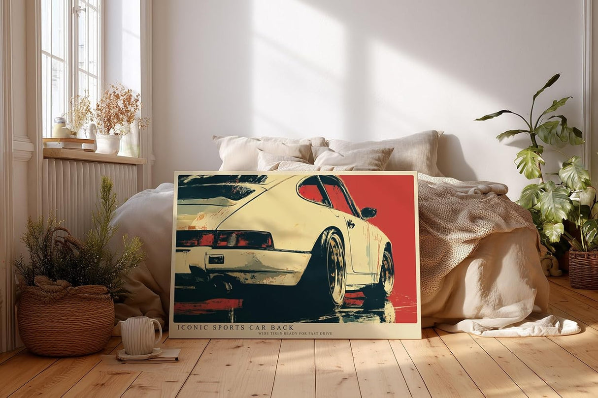 Paul Sinus Wandbild 120x80cm klassischer Sportwagen Heckansicht Retro Auto Kunst moderne Illustration Kunstdruck stilvolle Wanddekoration fuer Wohnzimmer Büro Garage