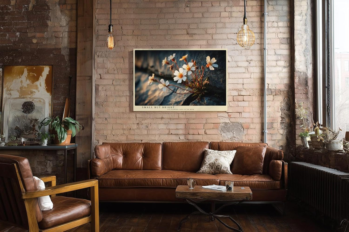 Paul Sinus Wandbild 120x80cm kleine weisse Blumen auf Felsen Naturfotografie warmes Sonnenlicht botanisches Naturmotiv stilvolle Wanddekoration fuer Wohnzimmer Büro