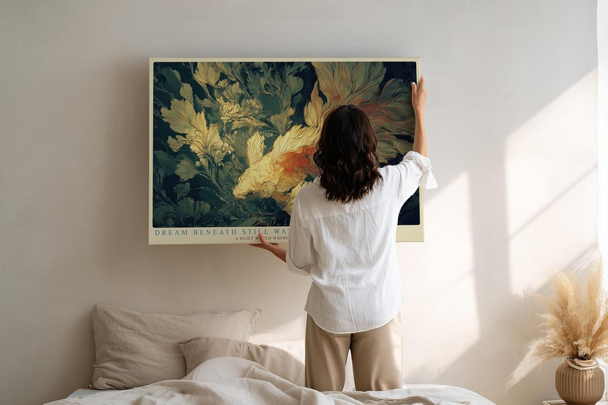 Paul Sinus Wandbild 120x80cm Koi Fisch Illustration modern blau gold asiatische Kunst Kunstdruck grosses Kunstbild stilvolle Wanddekoration fuer Wohnzimmer Büro