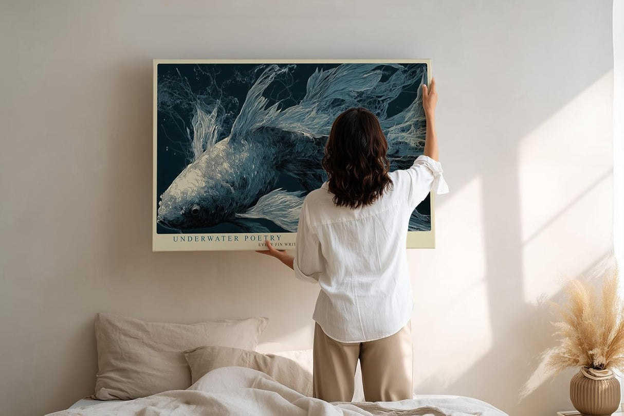 Paul Sinus Wandbild 120x80cm Koi Fisch Unterwasser Kunst eleganter Fisch im Wasser blau graue Farben moderne Natur Wanddekoration fuer Wohnzimmer Büro