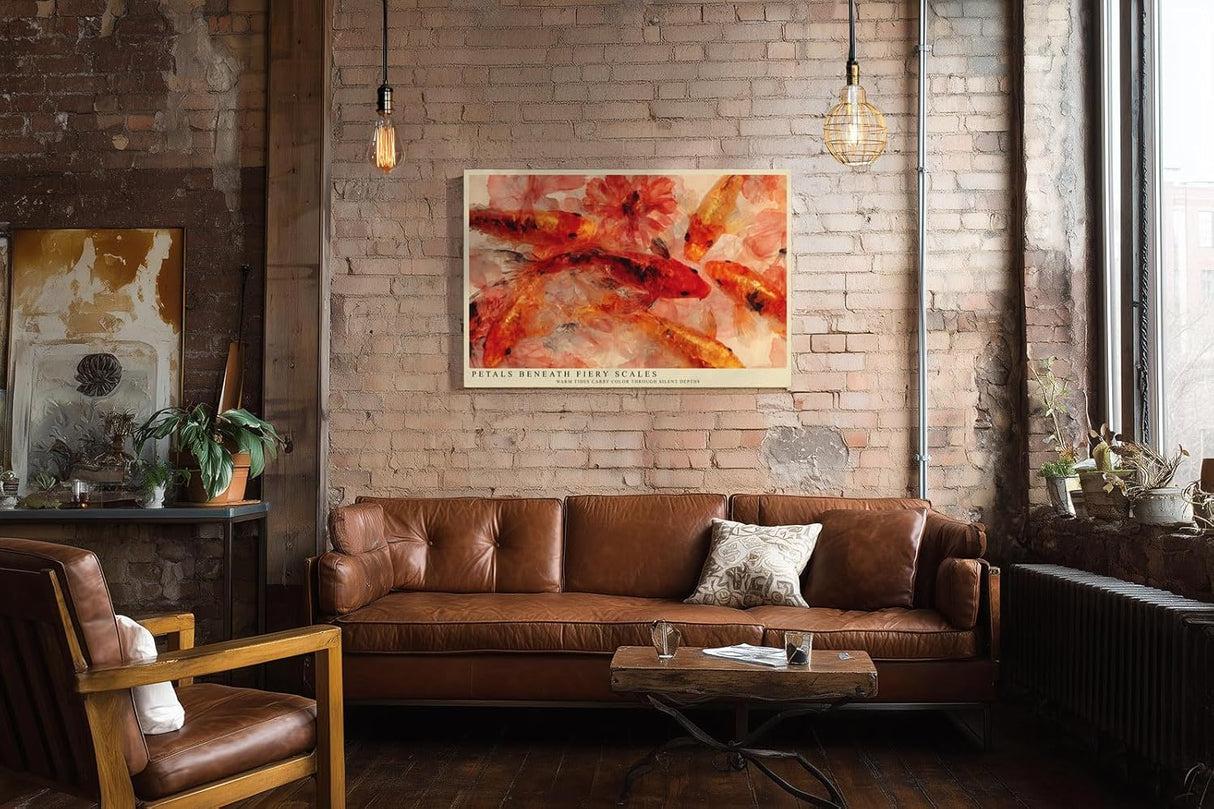 Paul Sinus Wandbild 120x80cm Koi Fische Blumen asiatische Kunst moderne Wasser Illustration Wanddekoration Wohnzimmer Schlafzimmer