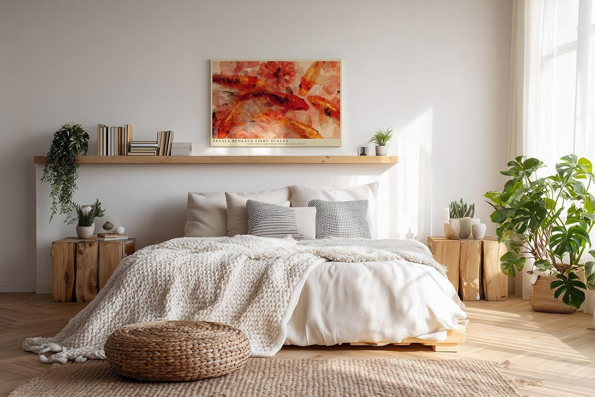 Paul Sinus Wandbild 120x80cm Koi Fische Blumen asiatische Kunst moderne Wasser Illustration Wanddekoration Wohnzimmer Schlafzimmer