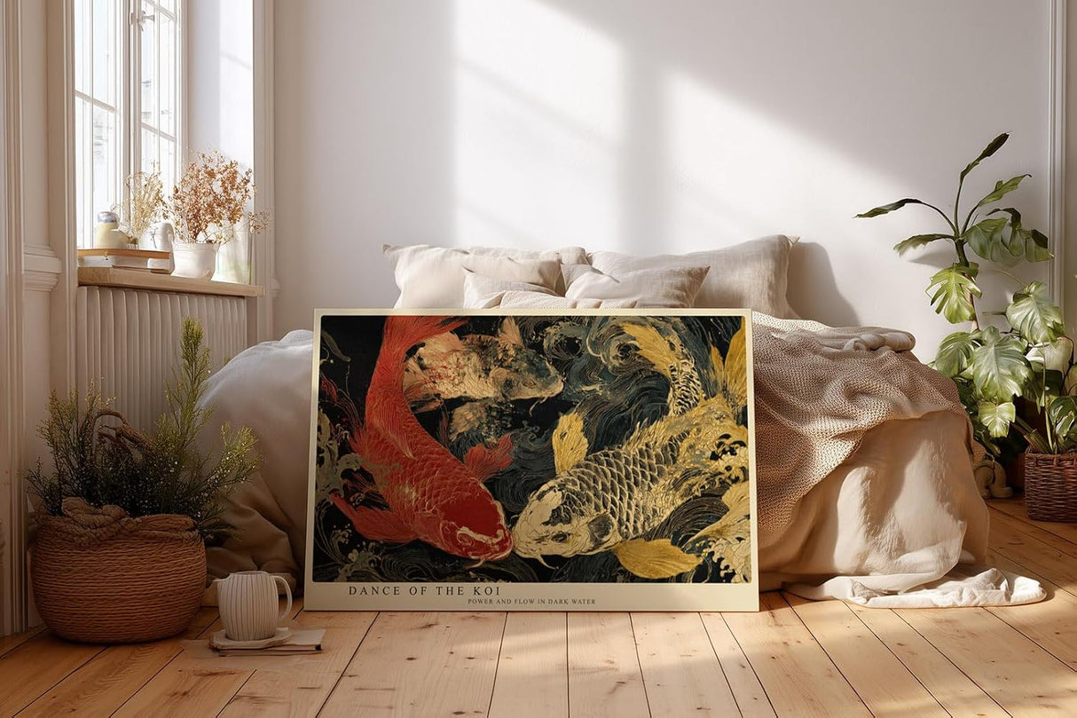 Paul Sinus Wandbild 120x80cm Koi Fische im Dunklen Wasser Japanische Kunst Gold Rot Abstrakte Asiatische Wanddekoration