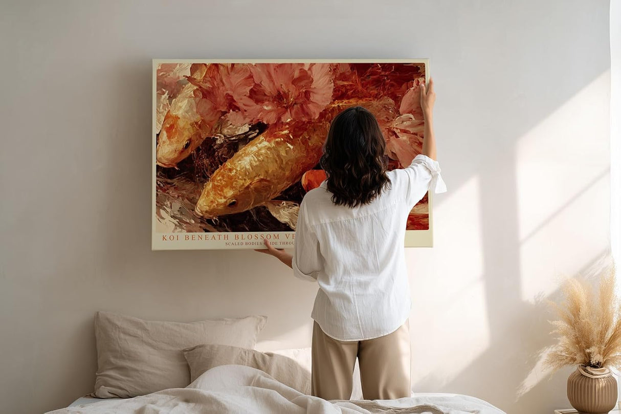 Paul Sinus Wandbild 120x80cm Koi Fische und Kirschblueten Japanische Natur Kunstmotiv Elegante Wasser Szene mit warmen Farben