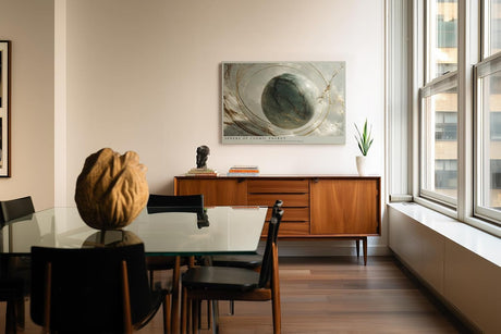 Paul Sinus Wandbild 120x80cm kosmische Kugel mit goldenen Linien abstrakte Welt moderne Kunst in Grau und Gold stilvolle Wanddekoration fuer Wohnzimmer Büro