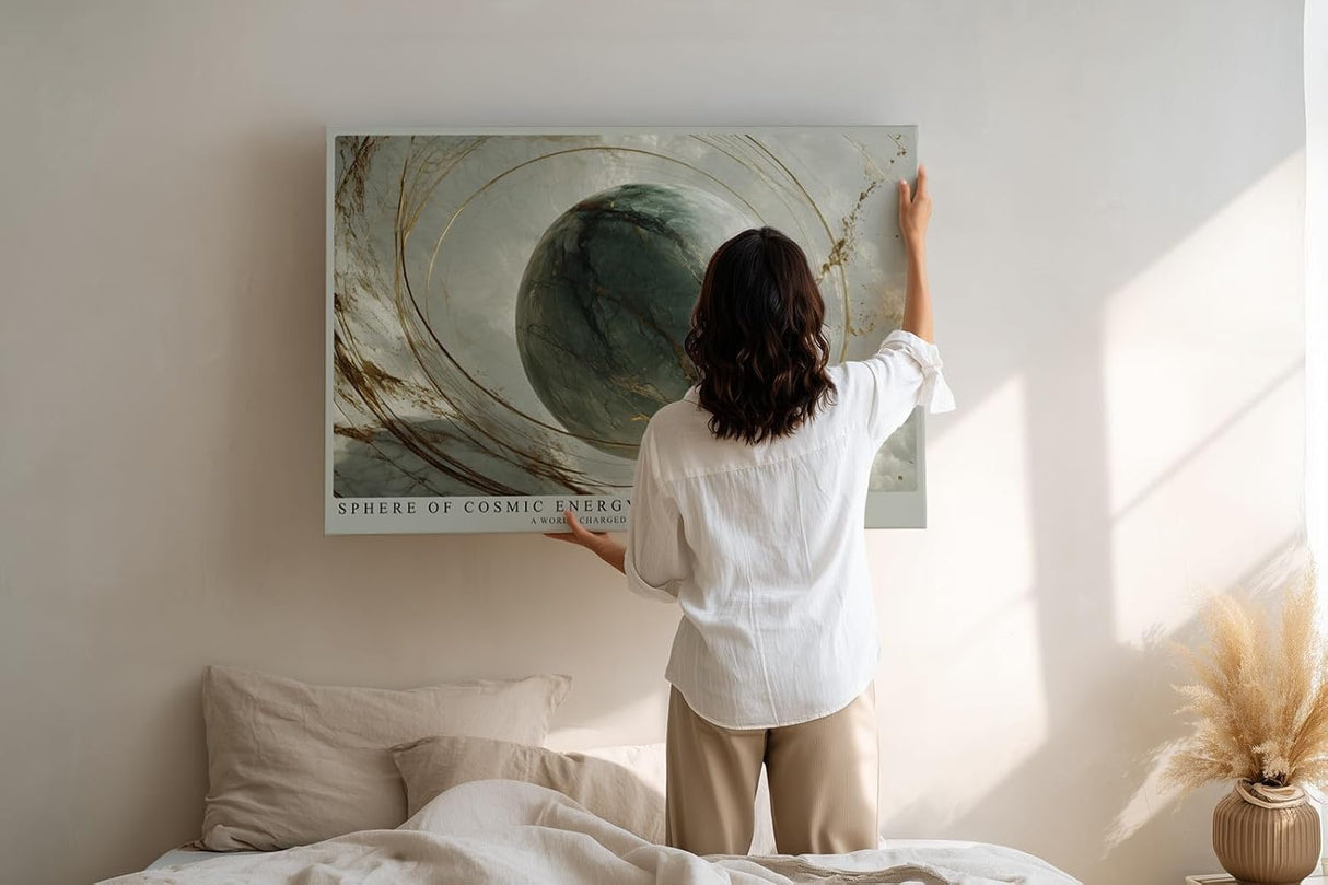 Paul Sinus Wandbild 120x80cm kosmische Kugel mit goldenen Linien abstrakte Welt moderne Kunst in Grau und Gold stilvolle Wanddekoration fuer Wohnzimmer Büro