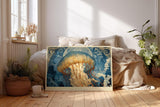 Paul Sinus Wandbild 120x80cm Kosmische Qualle mit Licht Abstrakte Meereskunst in Blau Gold Wanddekoration