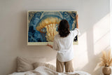 Paul Sinus Wandbild 120x80cm Kosmische Qualle mit Licht Abstrakte Meereskunst in Blau Gold Wanddekoration
