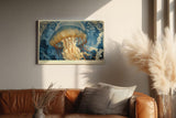Paul Sinus Wandbild 120x80cm Kosmische Qualle mit Licht Abstrakte Meereskunst in Blau Gold Wanddekoration