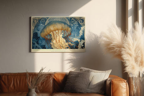 Paul Sinus Wandbild 120x80cm Kosmische Qualle mit Licht Abstrakte Meereskunst in Blau Gold Wanddekoration
