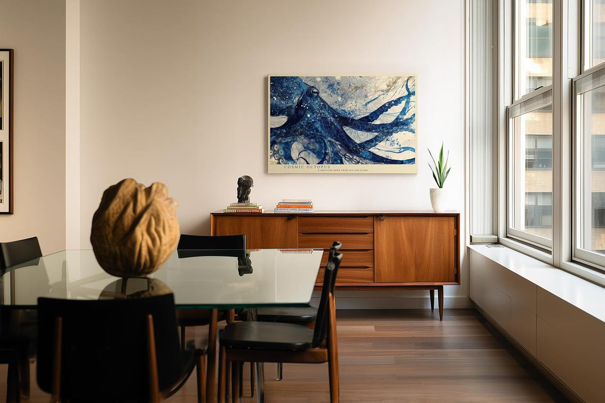 Paul Sinus Wandbild 120x80cm Kosmischer Oktopus Abstrakte Meereskunst LeinWandbild 120x80cm Blaues Tiermotiv Wanddekoration