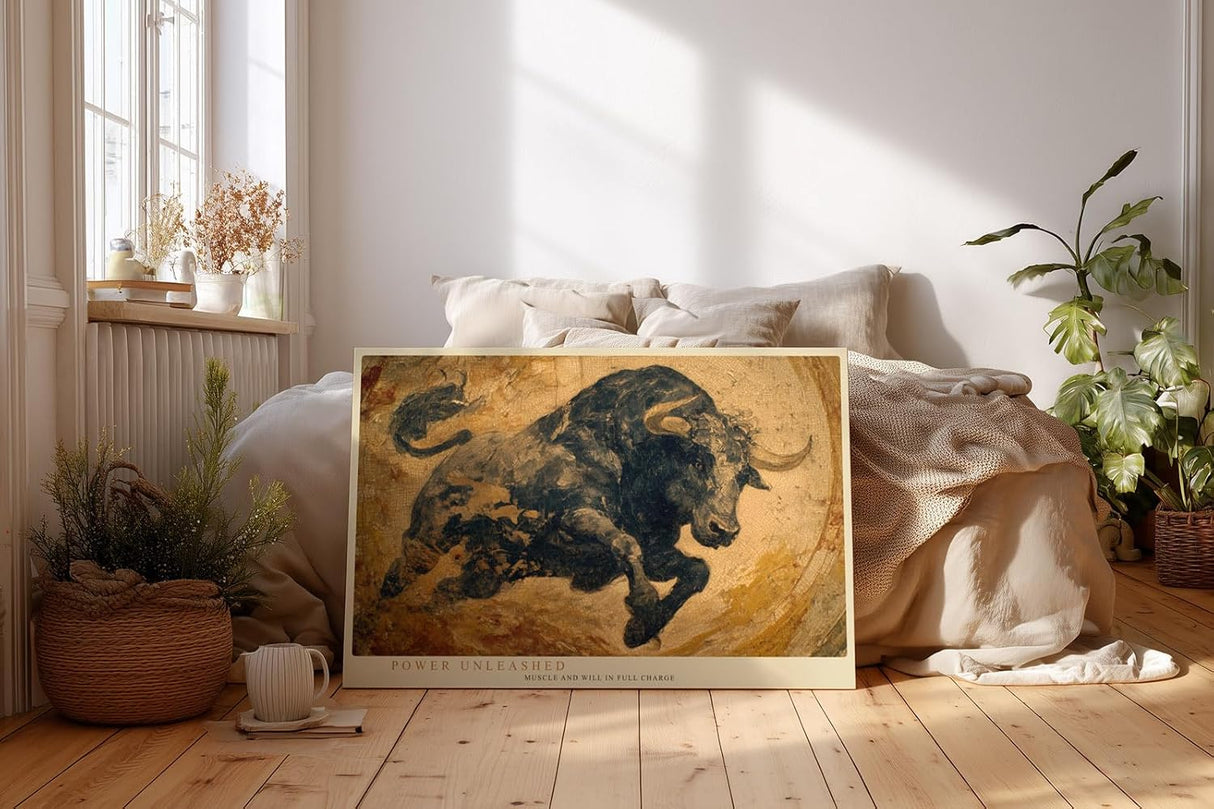 Paul Sinus Wandbild 120x80cm kraftvoller Stier abstrakte Tierkunst in warmen Braun Gold Toenen dynamische Leinwand Wanddekoration modernes Kunstbild fuer Wohnzimmer Büro