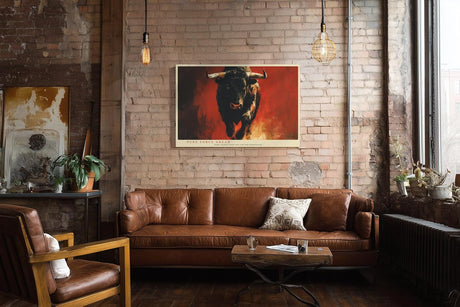 Paul Sinus Wandbild 120x80cm kraftvoller Stier moderne Tierkunst expressives Gemälde in Rot und Schwarz dynamische Wanddekoration fuer Wohnzimmer Büro