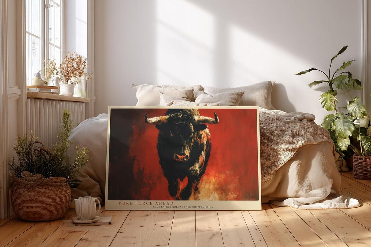 Paul Sinus Wandbild 120x80cm kraftvoller Stier moderne Tierkunst expressives Gemälde in Rot und Schwarz dynamische Wanddekoration fuer Wohnzimmer Büro