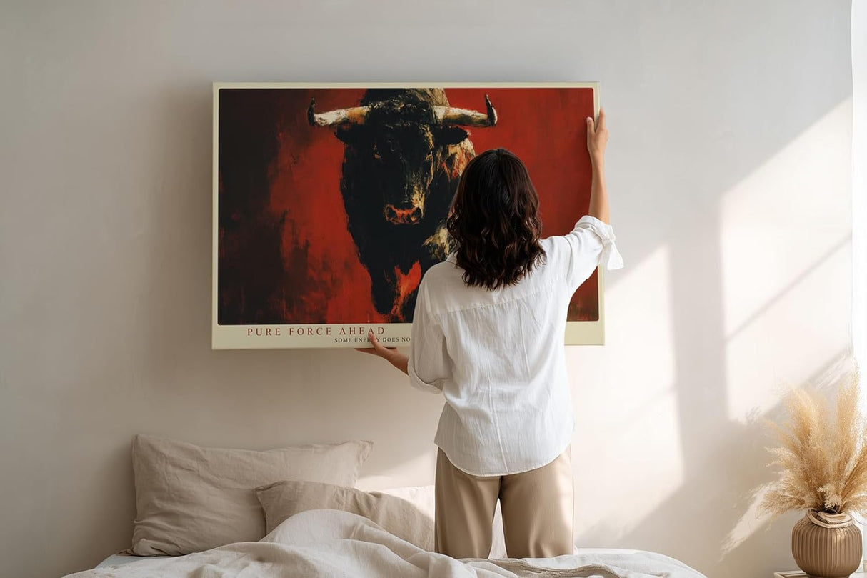 Paul Sinus Wandbild 120x80cm kraftvoller Stier moderne Tierkunst expressives Gemälde in Rot und Schwarz dynamische Wanddekoration fuer Wohnzimmer Büro