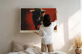 Paul Sinus Wandbild 120x80cm kraftvoller Stier moderne Tierkunst expressives Gemälde in Rot und Schwarz dynamische Wanddekoration fuer Wohnzimmer Büro