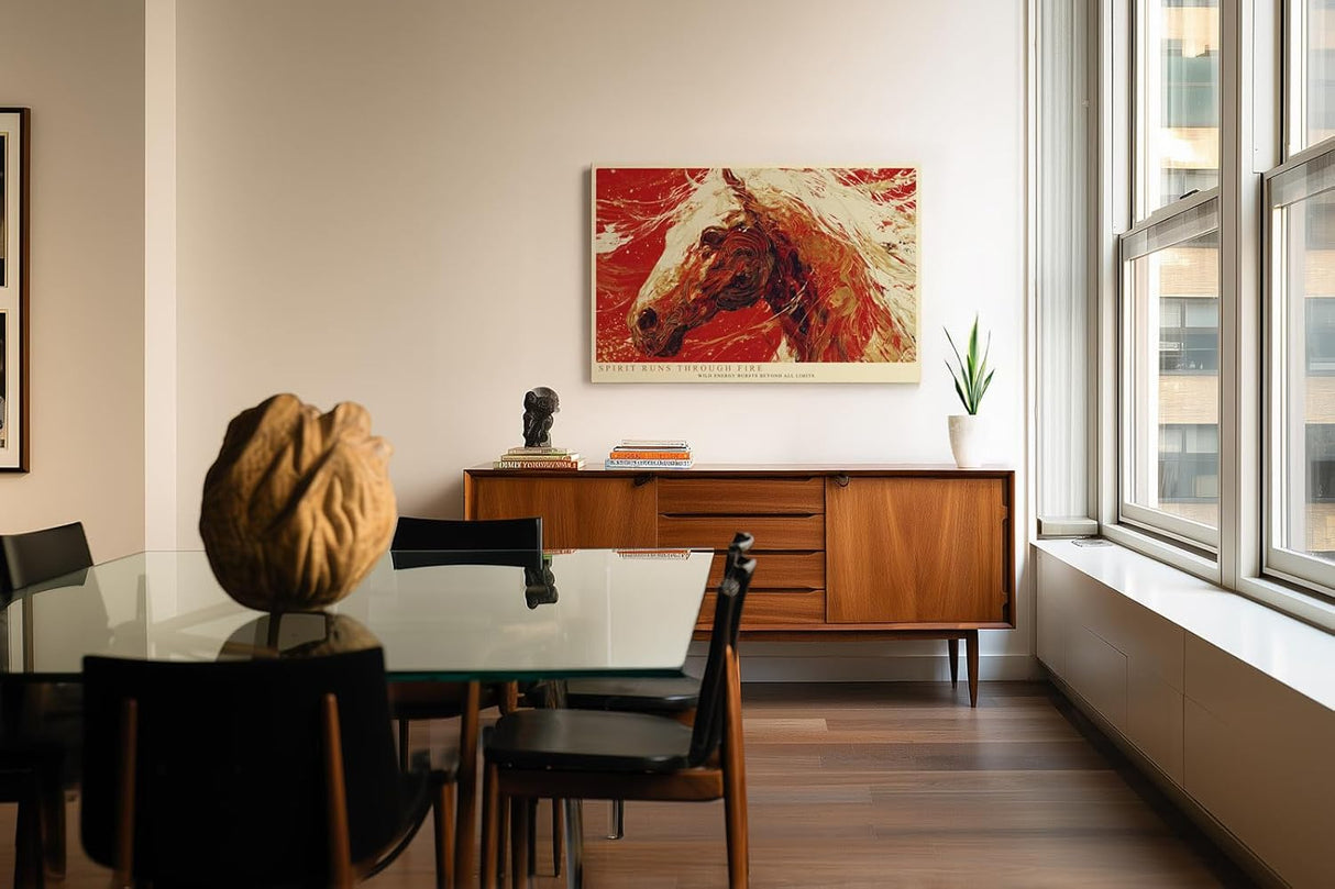 Paul Sinus Wandbild 120x80cm kraftvolles Pferd abstrakte Kunst rot weiss dynamische Bewegung modernes Kunstbild grosse Wanddekoration fuer Wohnzimmer Büro