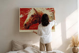 Paul Sinus Wandbild 120x80cm kraftvolles Pferd abstrakte Kunst rot weiss dynamische Bewegung modernes Kunstbild grosse Wanddekoration fuer Wohnzimmer Büro